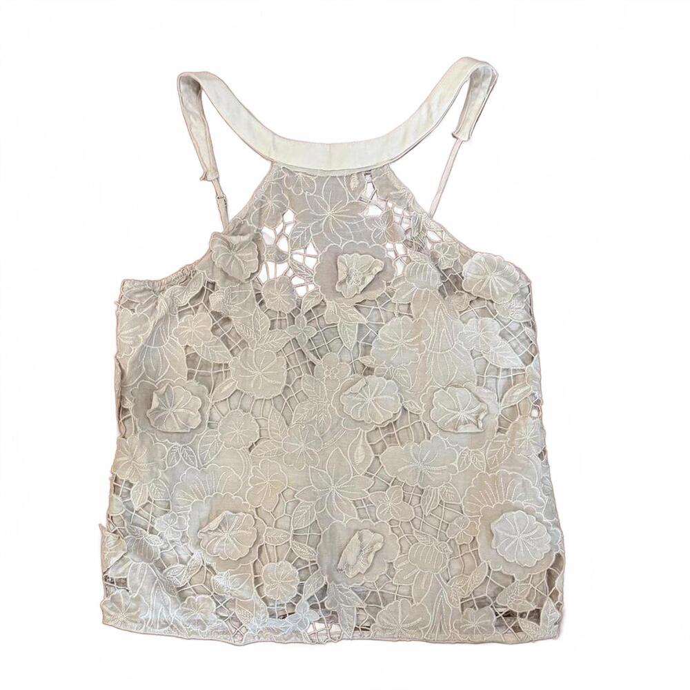 BCBG Beige floral cutout halter top Sz XXS